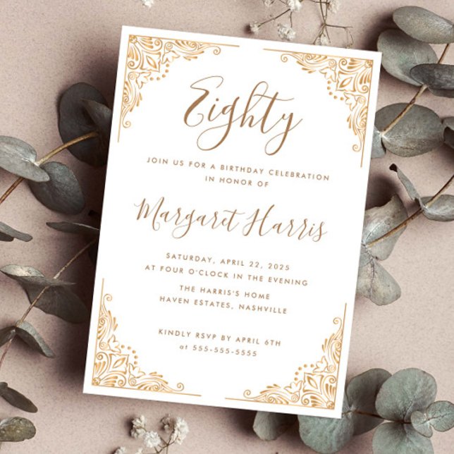 Chic 80. Achtzig Gold Rahmen Weißer Geburtstag Einladung (Von Creator hochgeladen)