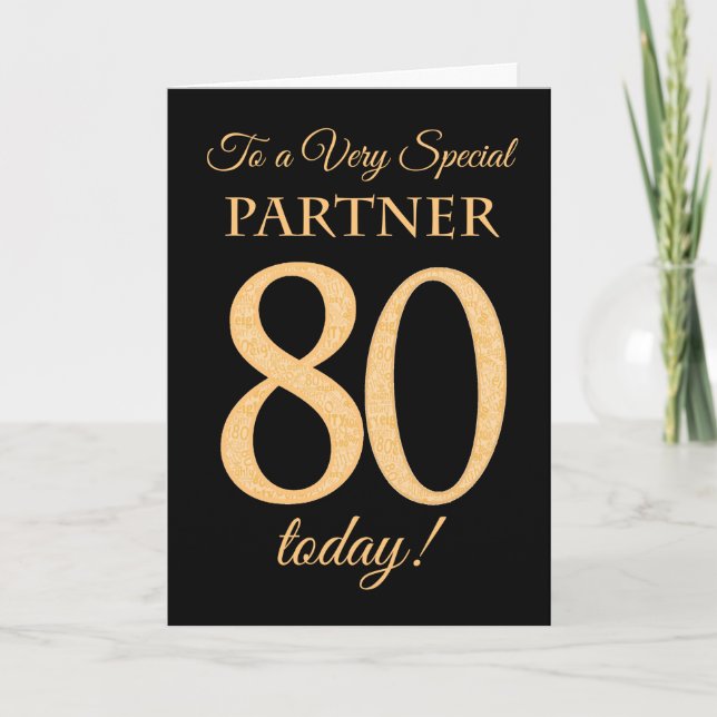 Chic 80. Gold-Effekt auf Black, Partner Birthday Karte (Vorderseite)