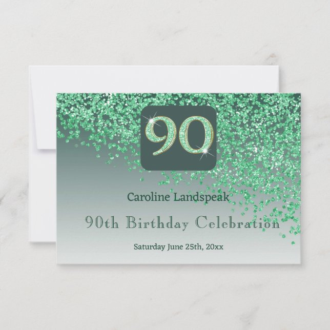 Chic 90 Birthday Green Glitzer UAWG RSVP Karte (Vorderseite)