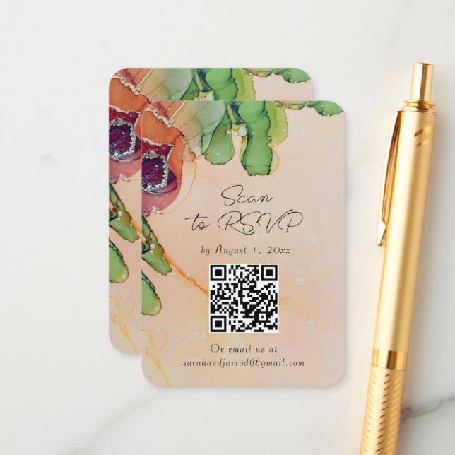 Chic Abstrakt Floral QR Code Wedding Response Card Begleitkarte (Vorderseite/Rückseite Beispiel)