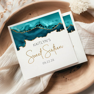 Chic Agate Aquamarin Blue Gold Sweet 16 Geburtstag Serviette