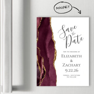 Chic Agate Burgundy Gold Magnetic Save the Date Magnetkarte