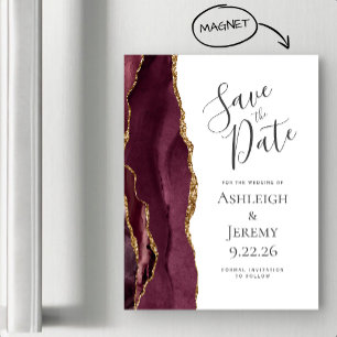 Chic Agate Burgundy Gold Magnetic Save the Date Magnetkarte