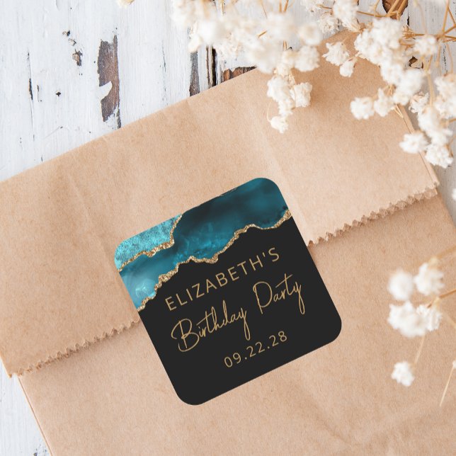 Chic Agate Geode Aquamarin Gold jedes Jahr Geburts Quadratischer Aufkleber (Von Creator hochgeladen)