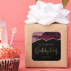 Chic Agate Geode Burgundy Gold Geburtstagsparty Quadratischer Aufkleber