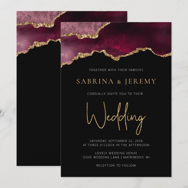 Chic Agate Geode Burgundy Gold Wedding Einladung (Vorne/Hinten)