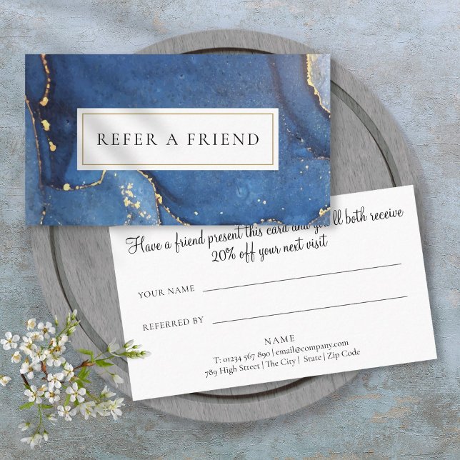 Chic Agate Marble Navy Gold Glitzer Empfehlungskar Empfehlungskarte (Chic Agate Marble Navy Gold Glitter Referral Card)