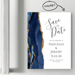 Chic Agate Navy Blue Gold Magnetic Save the Date Magnetkarte