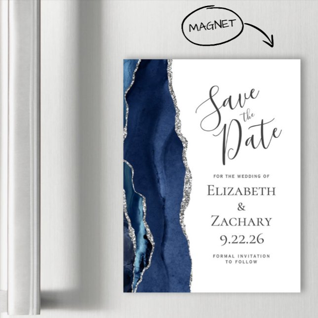 Chic Agate Navy Blue Silver Magnetic Save the Date Magnetkarte (Von Creator hochgeladen)