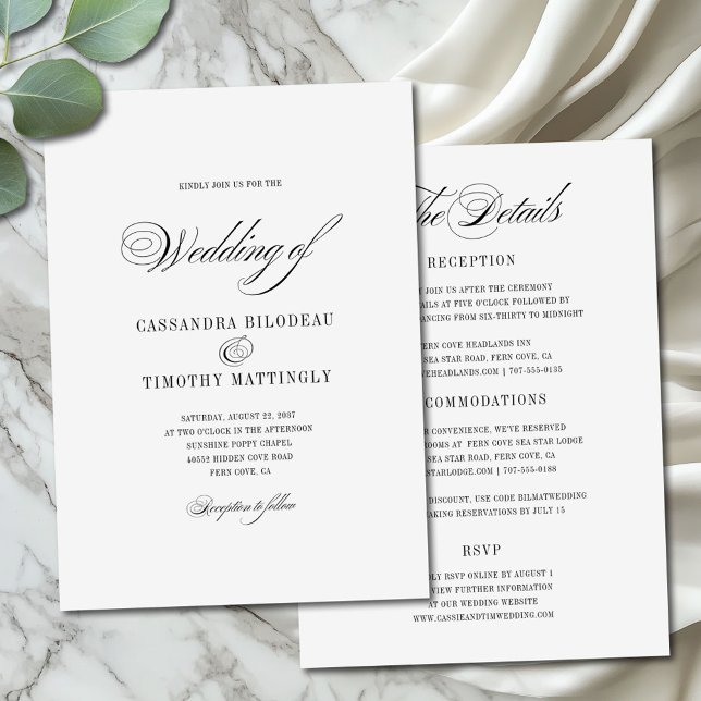 Chic All-in-One-Schwarz-weiß-Script-Hochzeit Einladung (All-in-one version of elegant romantic script wedding invitation with customizable details on back)