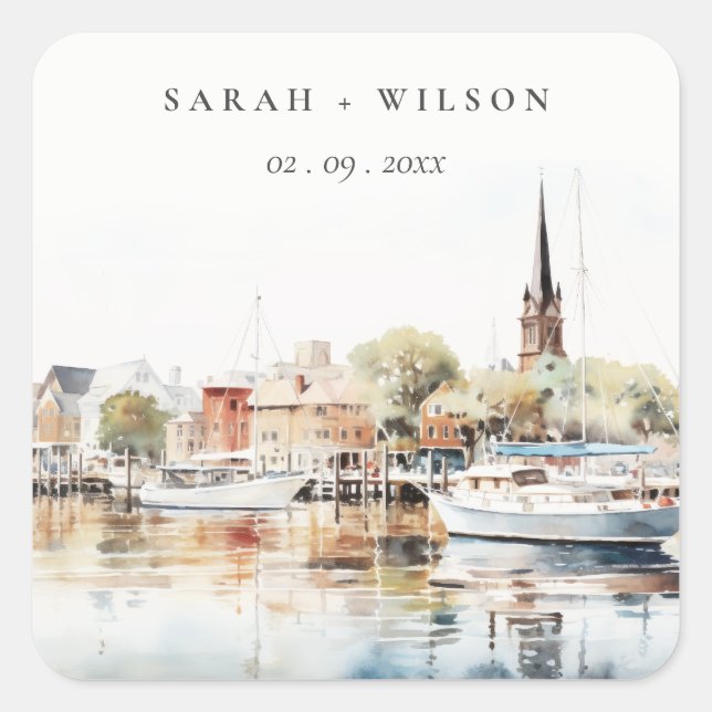 Chic Annapolis Maryland Watercolor Wedding Quadratischer Aufkleber (Vorderseite)