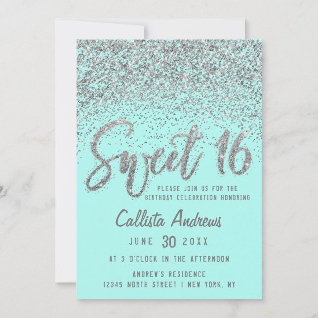 Chic Aqua Aquamarin Silver Scattered Glitzer Sweet Einladung (Vorderseite)