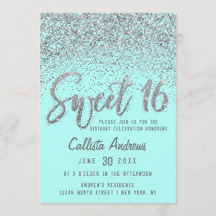 Chic Aqua Aquamarin Silver Scattered Glitzer Sweet Einladung