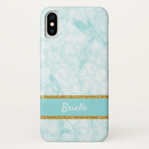 Chic Aqua Blau Marmor FAUX Glitter-Rand und Name Case-Mate iPhone Hülle
