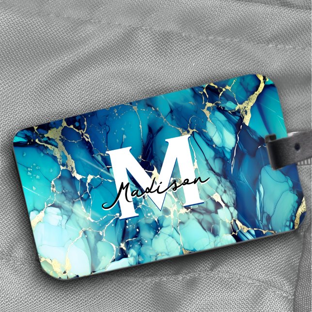 chic aqua blauer Marmor Imitate Gold Glitzer Monog Gepäckanhänger (Von Creator hochgeladen)
