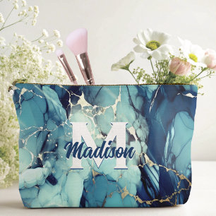 chic aqua blauer Marmor Imitate Gold Glitzer Monog Zubehörtasche