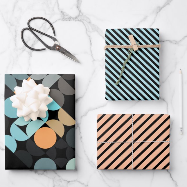 Chic Aqua Blue Coral Orange Circles Art Pattern Geschenkpapier Set (Vorderseite)