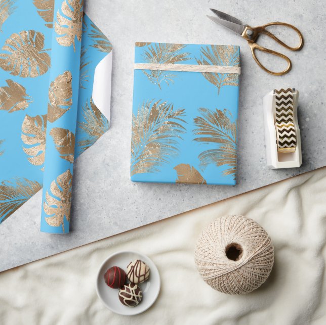 Chic Aqua Blue Gold Tropical Blätter Geschenkpapier (Kunsthandwerk)