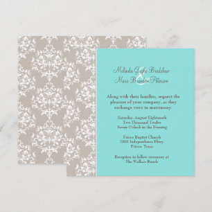 Chic Aqua Blue und Taupe Damask Einladung