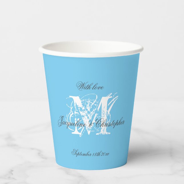 Chic Aqua Blue Wedding Monogram Initial + Namen Pappbecher (Vorderseite)