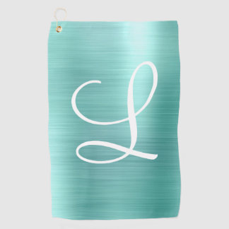 Chic Aqua Brushed Metal White Monogram Golf Handtu Golfhandtuch