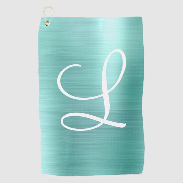Chic Aqua Brushed Metal White Monogram Golf Handtu Golfhandtuch (Vorderseite)