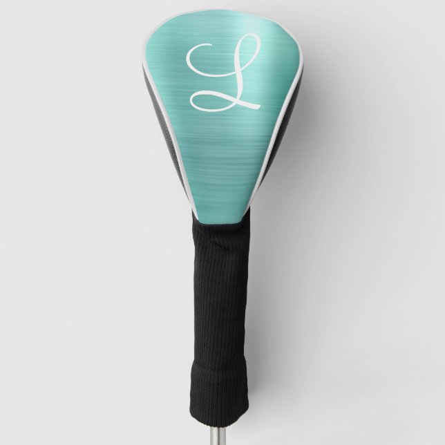 Chic Aqua Brushed Metal White Monogram Golf Headcover (Vorderseite)