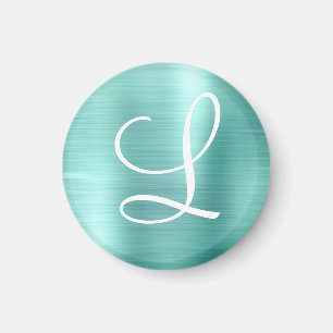 Chic Aqua Brushed Metal White Monogram Magnet