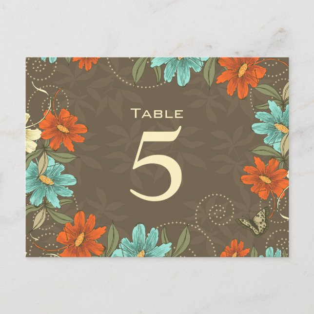 Chic Aqua Orange Creme Blumenzettel Tischnummer (Vorderseite)