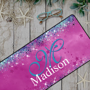 Chic aqua pink iridescent Glitzer Monogramm Schreibtischunterlage
