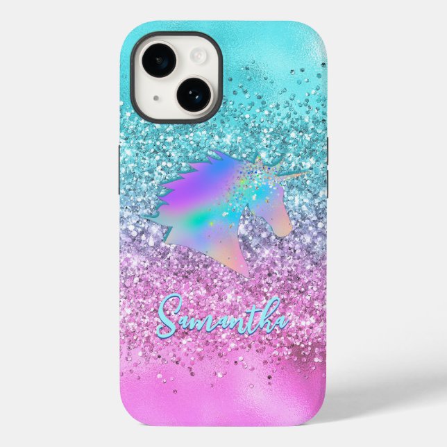 Chic Aqua Pink Unicorn Glitzer Glasmonogramm Case-Mate iPhone Hülle (Rückseite)