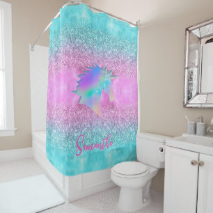 Chic Aqua Pink Unicorn Glitzer Glasmonogramm Duschvorhang