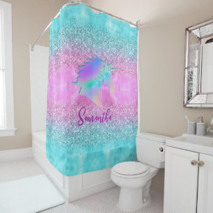 Chic Aqua Pink Unicorn Glitzer Glasmonogramm Duschvorhang