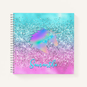 Chic Aqua Pink Unicorn Glitzer Glasmonogramm Notizbuch