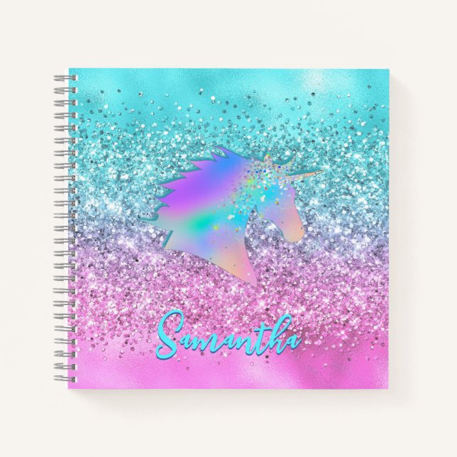 Chic Aqua Pink Unicorn Glitzer Glasmonogramm Notizbuch (Vorderseite)