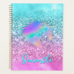 Chic Aqua Pink Unicorn Glitzer Glasmonogramm Planer