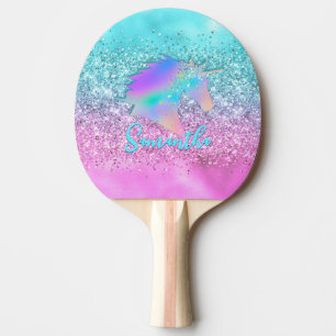 Chic Aqua Pink Unicorn Glitzer Glasmonogramm Tischtennis Schläger