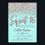 Chic Aqua Rose Gold Scattered Glitzer Sweet 16 Einladung<br><div class="desc">Dieses einzigartige und hübsche Sweet 16-Einladungs-Design bietet Imitate, gedruckt glamouröse funkelnd Rose Gold maßgefertigte Pinselstrichtypografie und verstreuten Glitzer in einem ombre Farbverlauf auf einem aqua aquamarinen grünen Hintergrund. Auf der Rückseite sieht man einen großen Chic, Glitzer Nummer 16. Dieses elegante, stilvolle und künstlerische Design ist perfekt für das moderne Geburtstagsmädchen....</div>