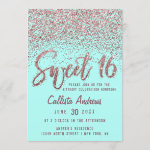 Chic Aqua Rose Gold Scattered Glitzer Sweet 16 Einladung