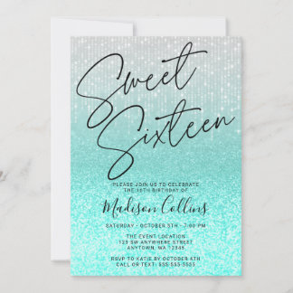 Chic Aqua Silver Glitzer Sweet 16 Einladung