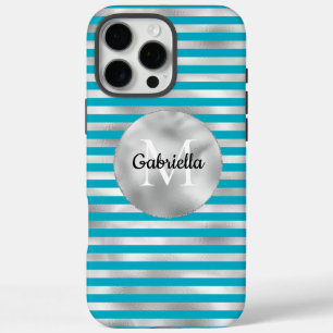 Chic Aqua Silver Stripes Monogramm iPhone 16 Pro Max Hülle