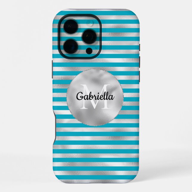 Chic Aqua Silver Stripes Monogramm iPhone Hülle (Rückseite)
