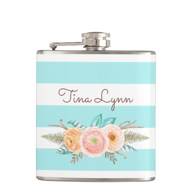 Chic Aqua Stripes Feminine Flora Name Flachmann (Vorderseite)