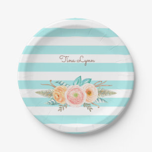 Chic Aqua Stripes Feminine Flora Name Pappteller