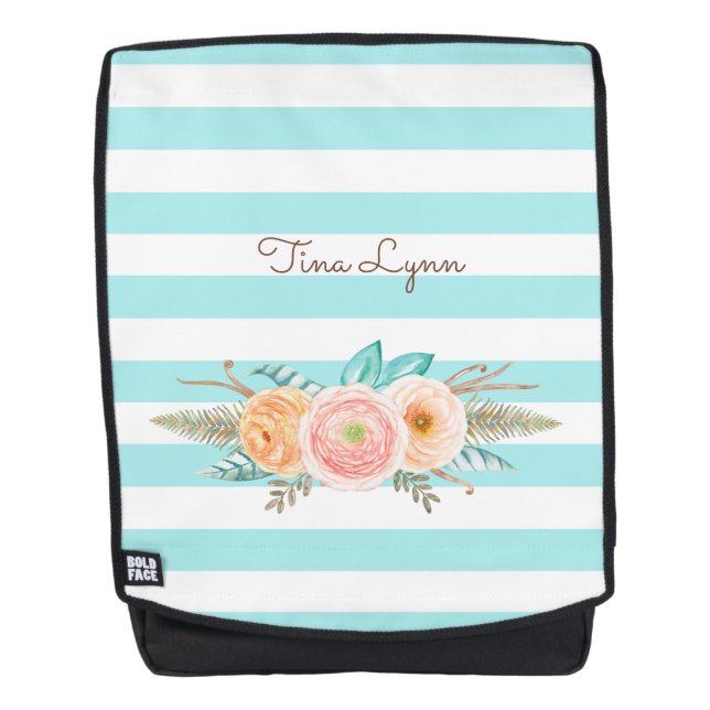 Chic Aqua Stripes Feminine Flora Name Rucksack (Vorderseite)