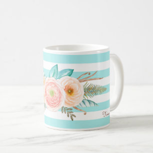 Chic Aqua Stripes Feminine Flora Name Tasse