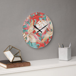 Chic Aqua Türkis Coral Red Seashells Muster Große Wanduhr