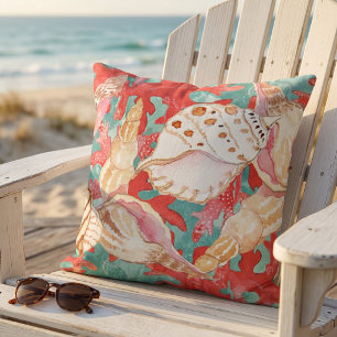 Chic Aqua Türkis Coral Red Seashells Muster Kissen