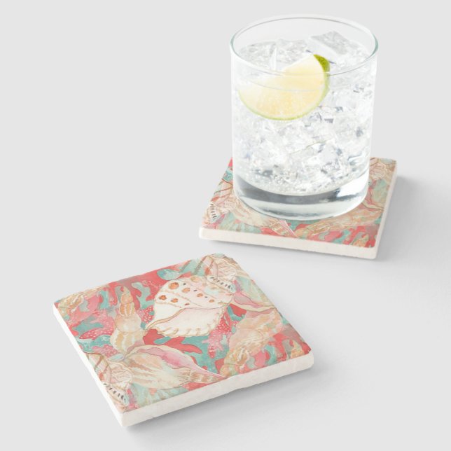 Chic Aqua Türkis Coral Red Seashells Muster Steinuntersetzer (Seitenansicht)