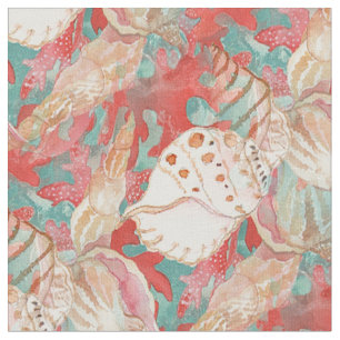 Chic Aqua Türkis Coral Red Seashells Muster Stoff